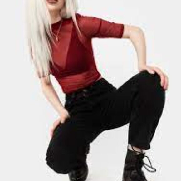 Disturbia Women's Jinx Mesh Short Sleeve Crop Red Size 8 - Picture 2 of 5